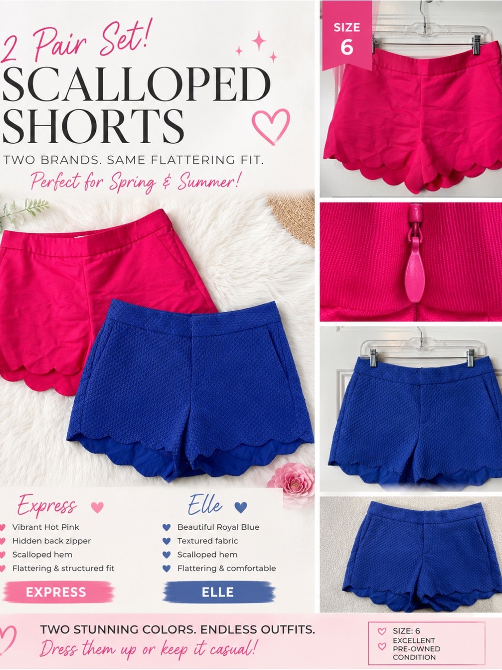 Express & Elle Scalloped Hem Shorts — Hot Pink and Royal Blue